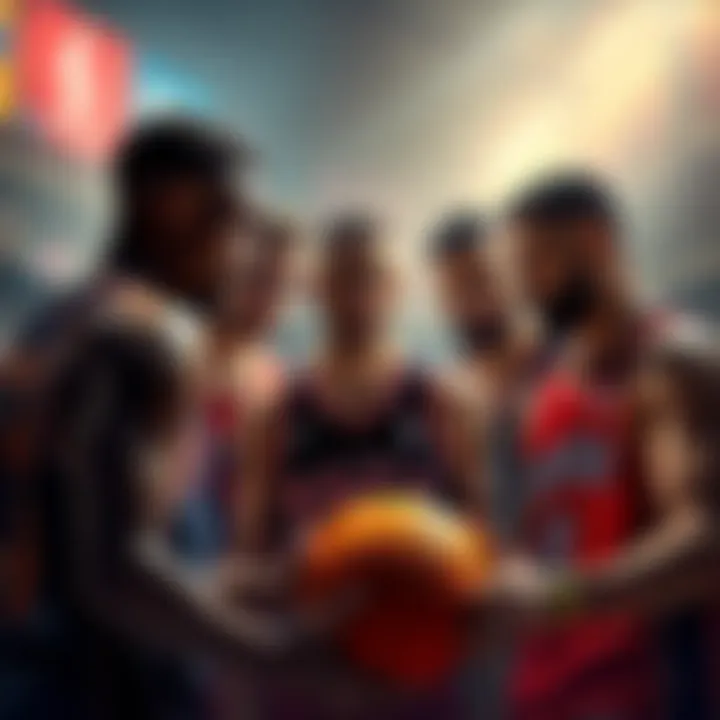 A group of diverse basketball players discussing strategies for a winning lineup, with a spotlight on Luka facing his former team.